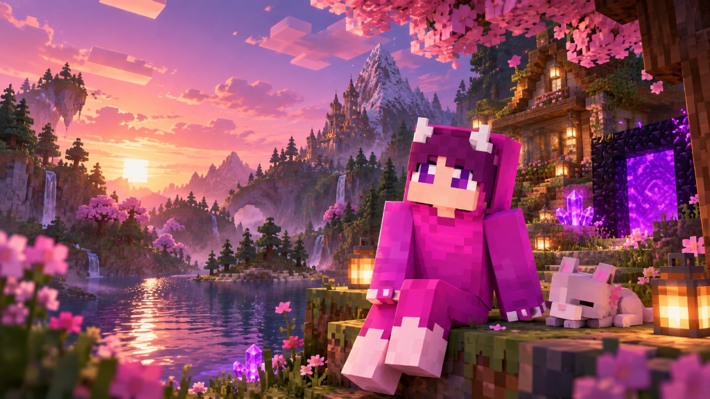 Мир Minecraft с цветущей вишней и порталом